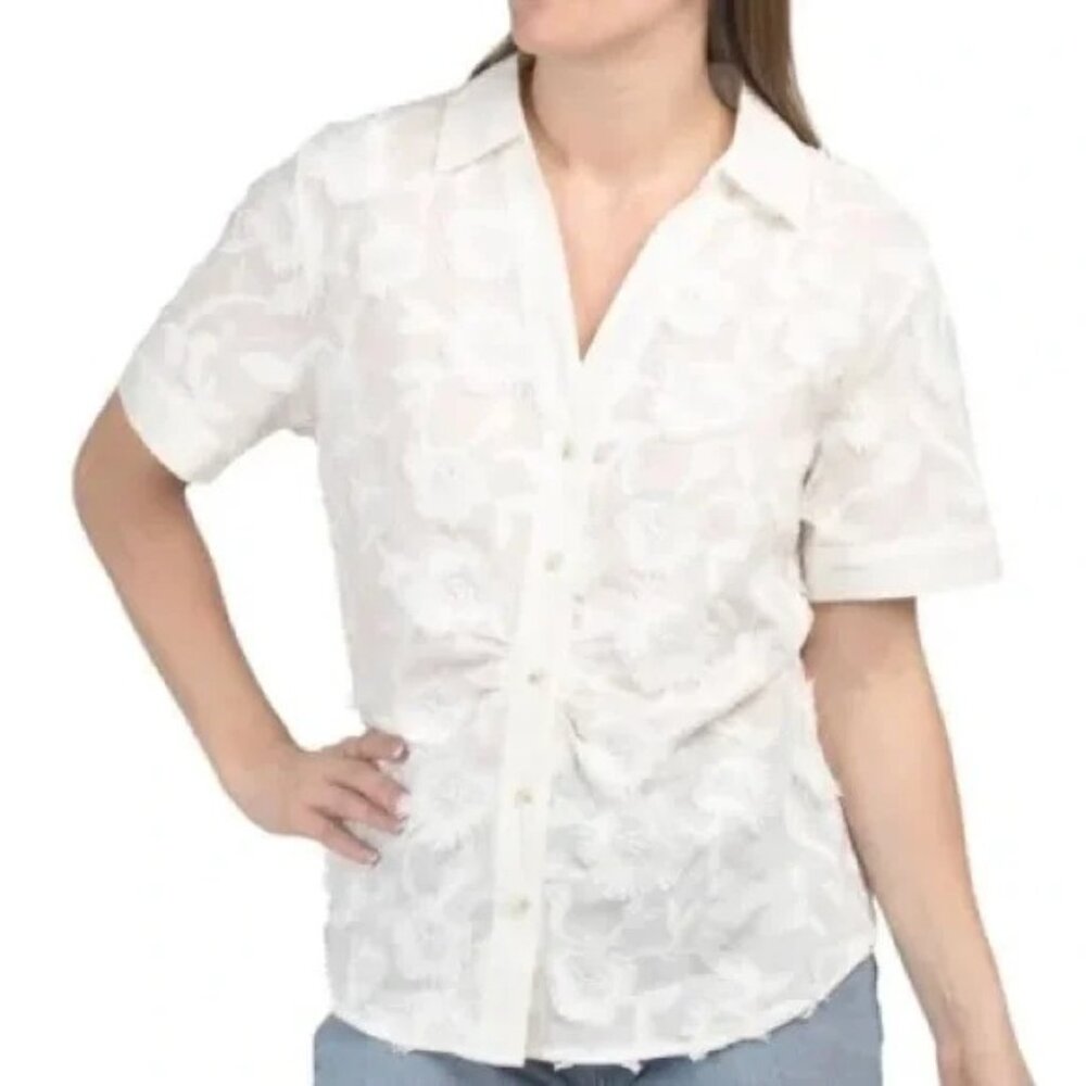 Hester & Orchard Pink Embroidered Floral Short Sleeve Button-Up Shirt XL